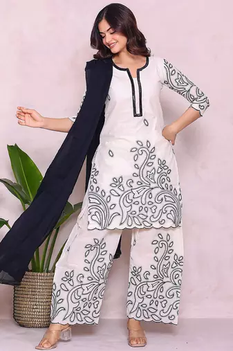 beige floral embroidered pure cotton kurta with palazzo set