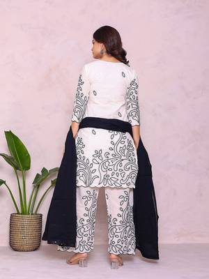 beige floral embroidered pure cotton kurta with palazzo set 3