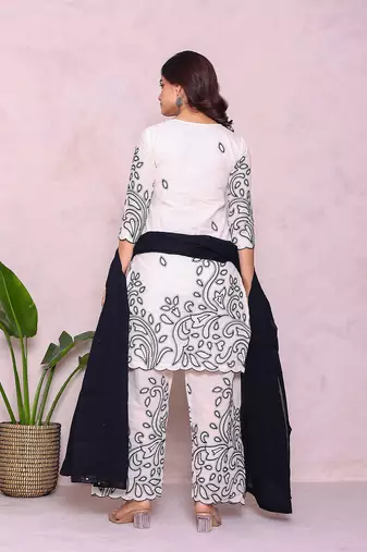 beige floral embroidered pure cotton kurta with palazzo set