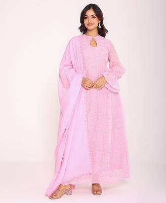 pink floral embroidered keyhole neck pure cotton kurta set 1