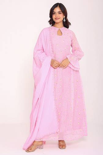 pink floral embroidered keyhole neck pure cotton kurta set