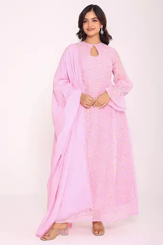 pink floral embroidered keyhole neck pure cotton kurta set
