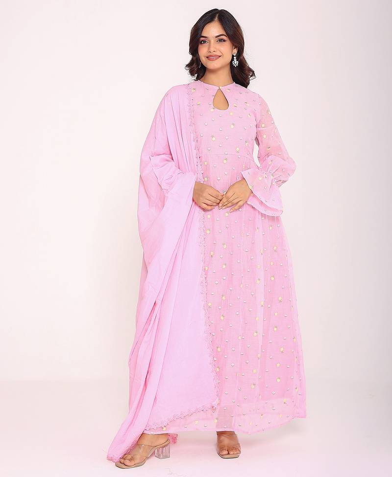 pink floral embroidered keyhole neck pure cotton kurta set