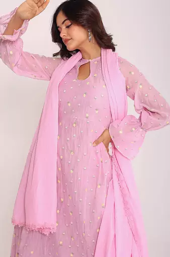 pink floral embroidered keyhole neck pure cotton kurta set