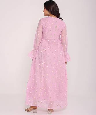 pink floral embroidered keyhole neck pure cotton kurta set 3