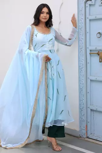 sky blue floral printed anarkali kurta with trousers set