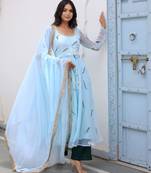 sky blue floral printed anarkali kurta with trousers set