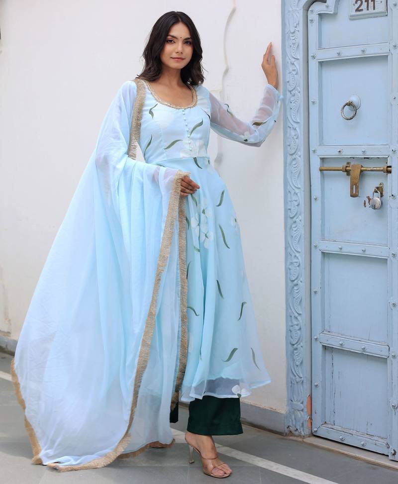 sky blue floral printed anarkali kurta with trousers set