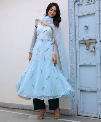 sky blue floral printed anarkali kurta with trousers set 2