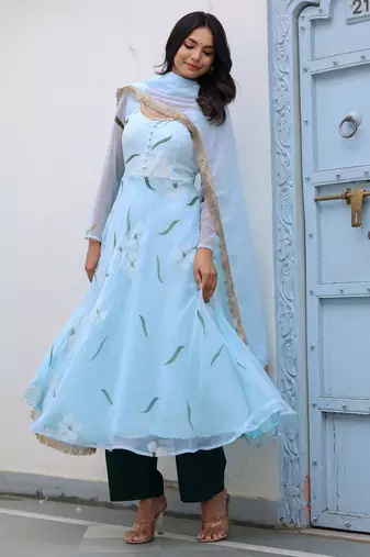 sky blue floral printed anarkali kurta with trousers set