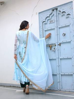 sky blue floral printed anarkali kurta with trousers set 3