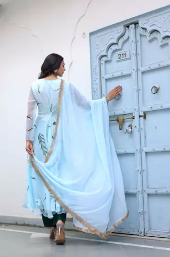 sky blue floral printed anarkali kurta with trousers set