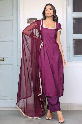 solid wine kurta palazzos set with dupatta