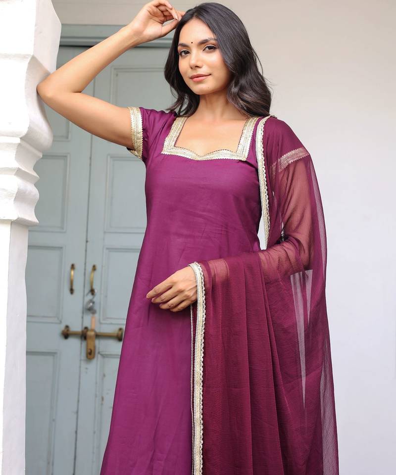 solid wine kurta palazzos set with dupatta