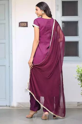 solid wine kurta palazzos set with dupatta