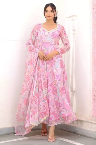pink ethnic motif printed silk chiffon kurta set