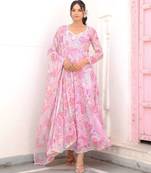 pink ethnic motif printed silk chiffon kurta set