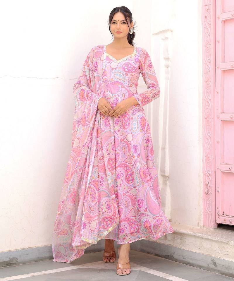 pink ethnic motif printed silk chiffon kurta set