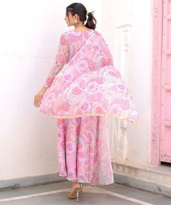 pink ethnic motif printed silk chiffon kurta set 3