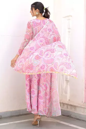 pink ethnic motif printed silk chiffon kurta set