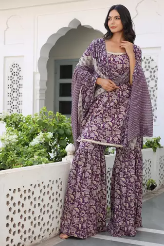 wine floral printed square neck pure cotton kurta set