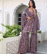 wine floral printed square neck pure cotton kurta set