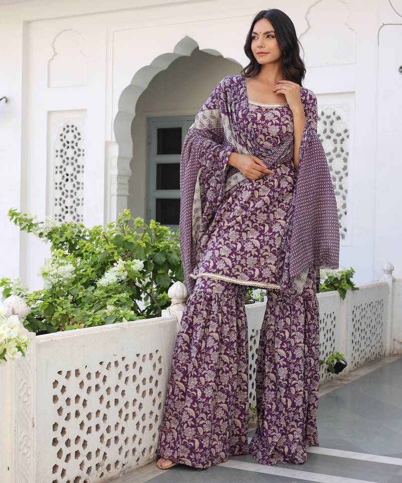 wine floral printed square neck pure cotton kurta set