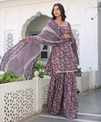 wine floral printed square neck pure cotton kurta set 2