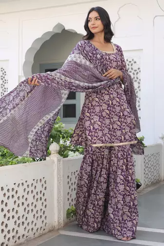 wine floral printed square neck pure cotton kurta set