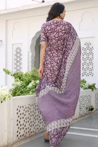 wine floral printed square neck pure cotton kurta set