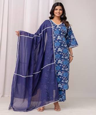 blue printed v-neck pure cotton straight kurta set 1