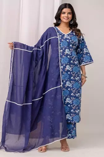 blue printed v-neck pure cotton straight kurta set