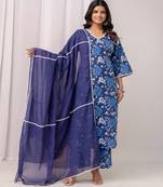 blue printed v-neck pure cotton straight kurta set