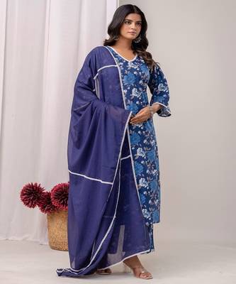 blue printed v-neck pure cotton straight kurta set 2