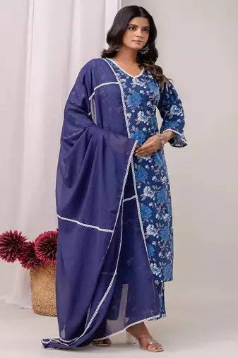 blue printed v-neck pure cotton straight kurta set