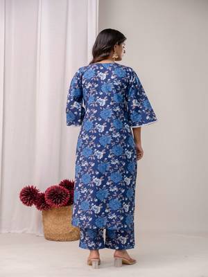 blue printed v-neck pure cotton straight kurta set 3
