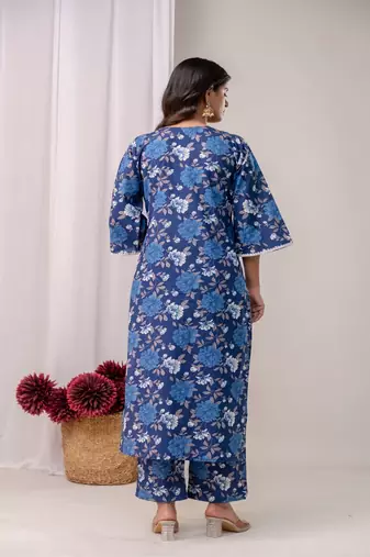blue printed v-neck pure cotton straight kurta set