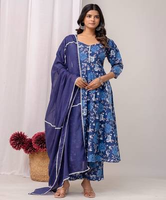 blue printed sweetheart neck pure cotton anarkali kurta set 1