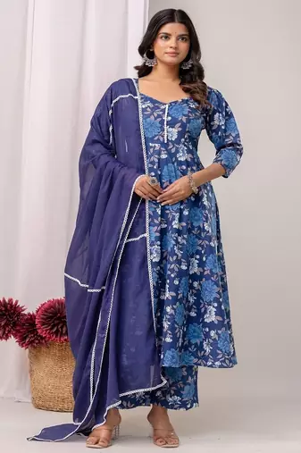 blue printed sweetheart neck pure cotton anarkali kurta set