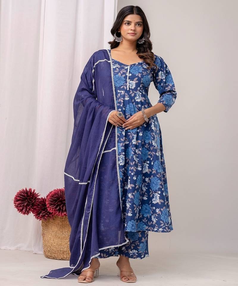 blue printed sweetheart neck pure cotton anarkali kurta set