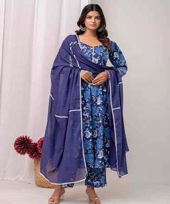 blue printed sweetheart neck pure cotton anarkali kurta set 2