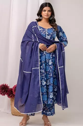 blue printed sweetheart neck pure cotton anarkali kurta set