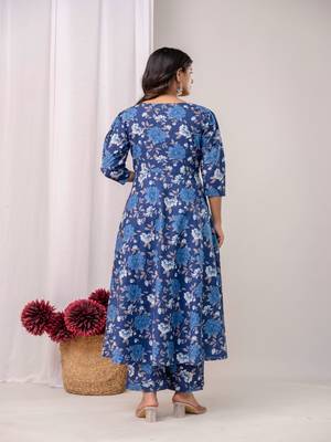 blue printed sweetheart neck pure cotton anarkali kurta set 3