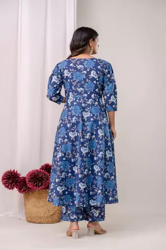 blue printed sweetheart neck pure cotton anarkali kurta set