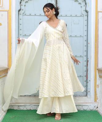  off-white striped angrakha style pure cotton anarkali kurta 1
