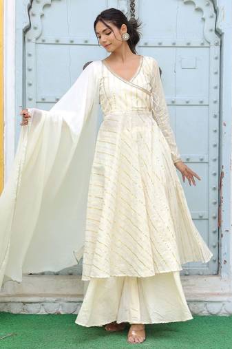  off-white striped angrakha style pure cotton anarkali kurta