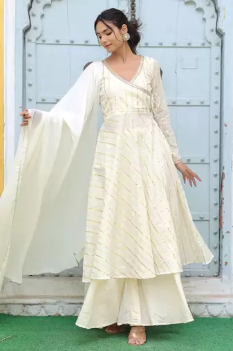  off-white striped angrakha style pure cotton anarkali kurta