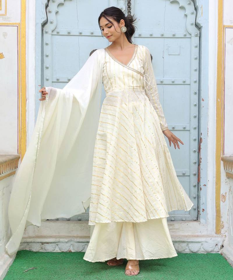  off-white striped angrakha style pure cotton anarkali kurta