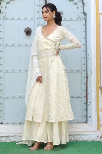  off-white striped angrakha style pure cotton anarkali kurta