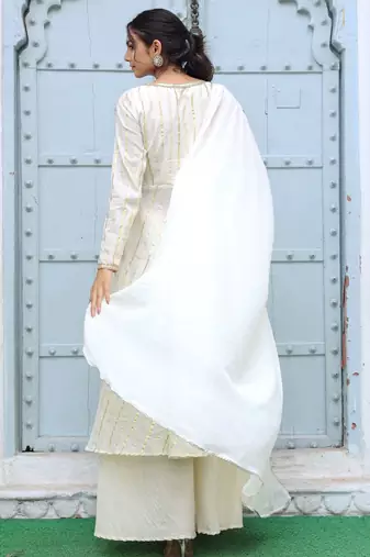  off-white striped angrakha style pure cotton anarkali kurta